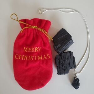 Lump Of Coal Stocking Stuffer Pouch With Tibetan Tektite Pendant/Sterling Chain